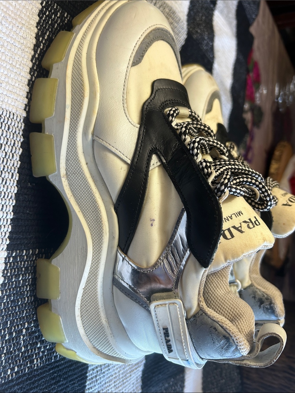 Prada Chunky Lace-Up Sneakers in Cream, Black & Gray - Picture 3 of 10